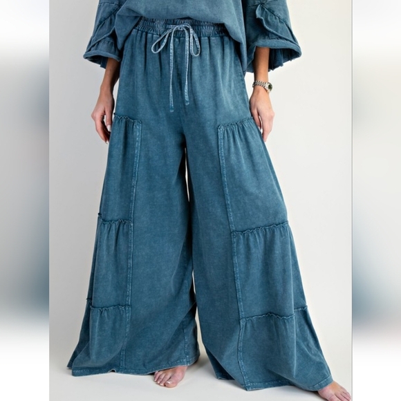 New Easel Teal Blue Mineral Washed Tiered Pants - Picture 2 of 5